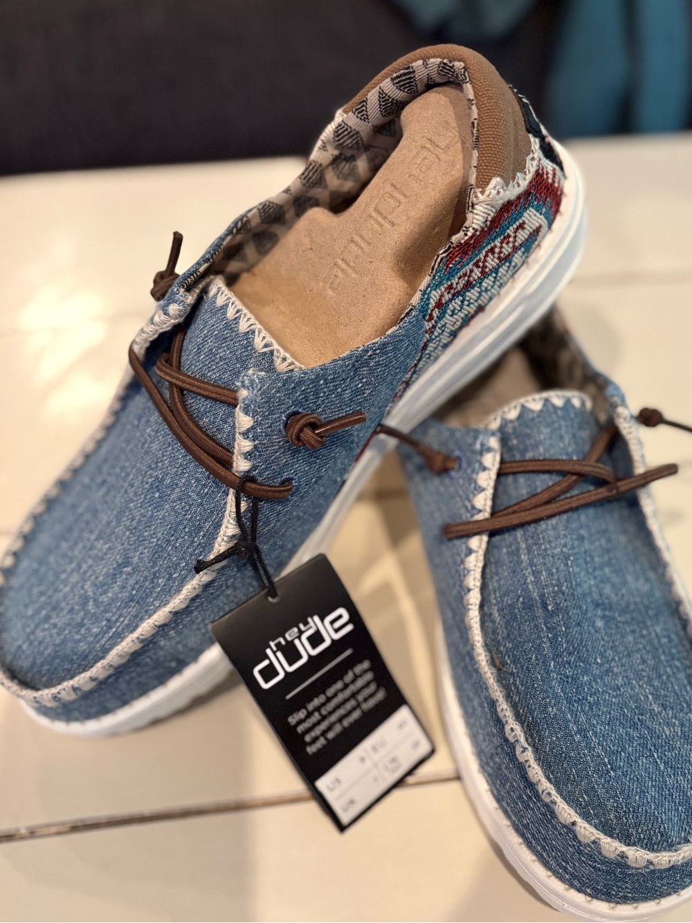 Hey Dude Denim Slip-On Loafers with Brown Laces